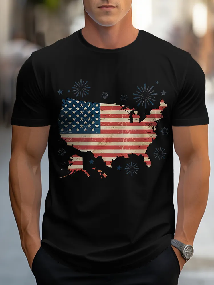 Man'S Fireworks And National Flag Round-Neck Short-Sleeved T-Shirt