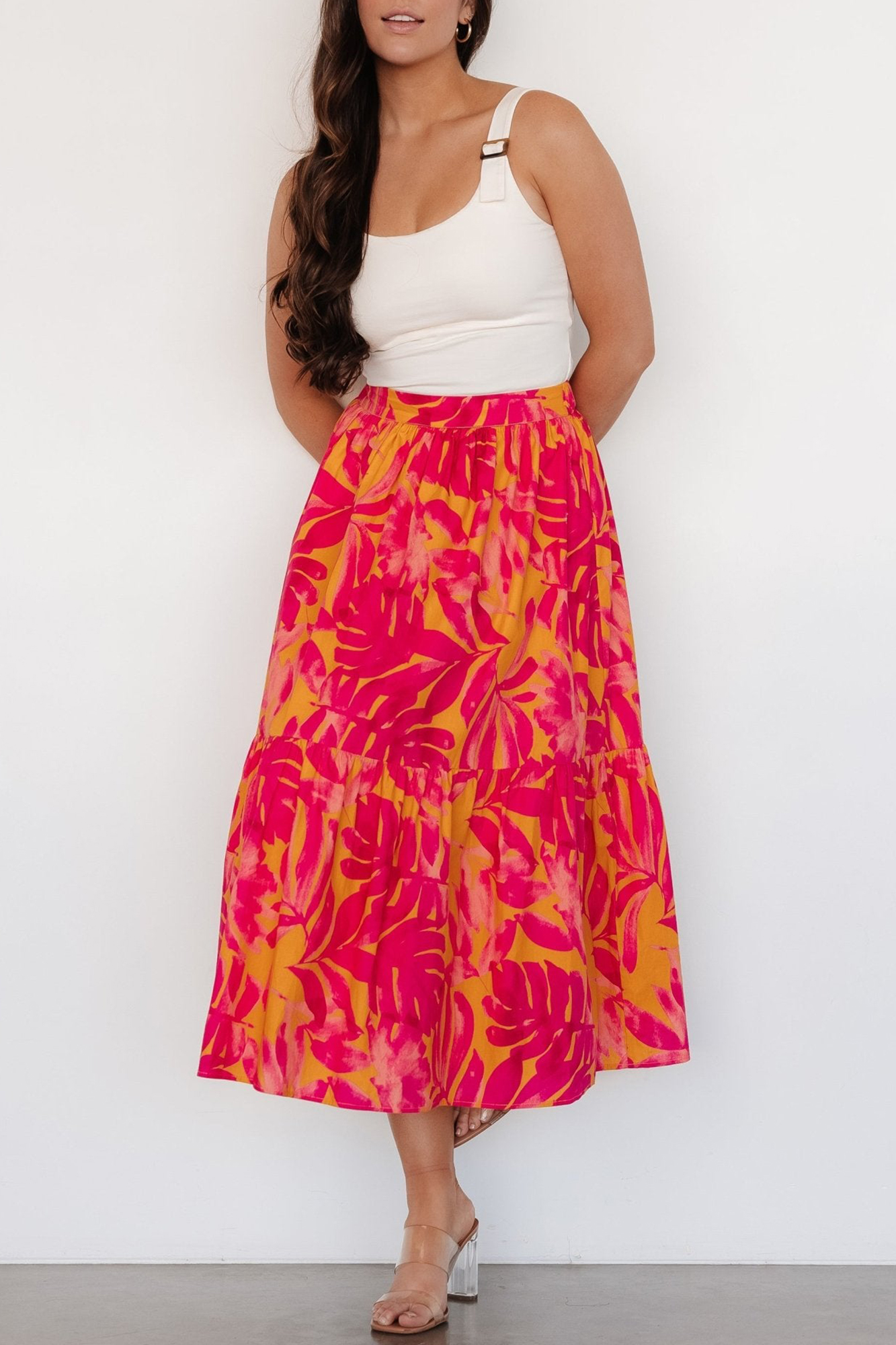 Orange Flowy High-Waisted Floral Print Skirt