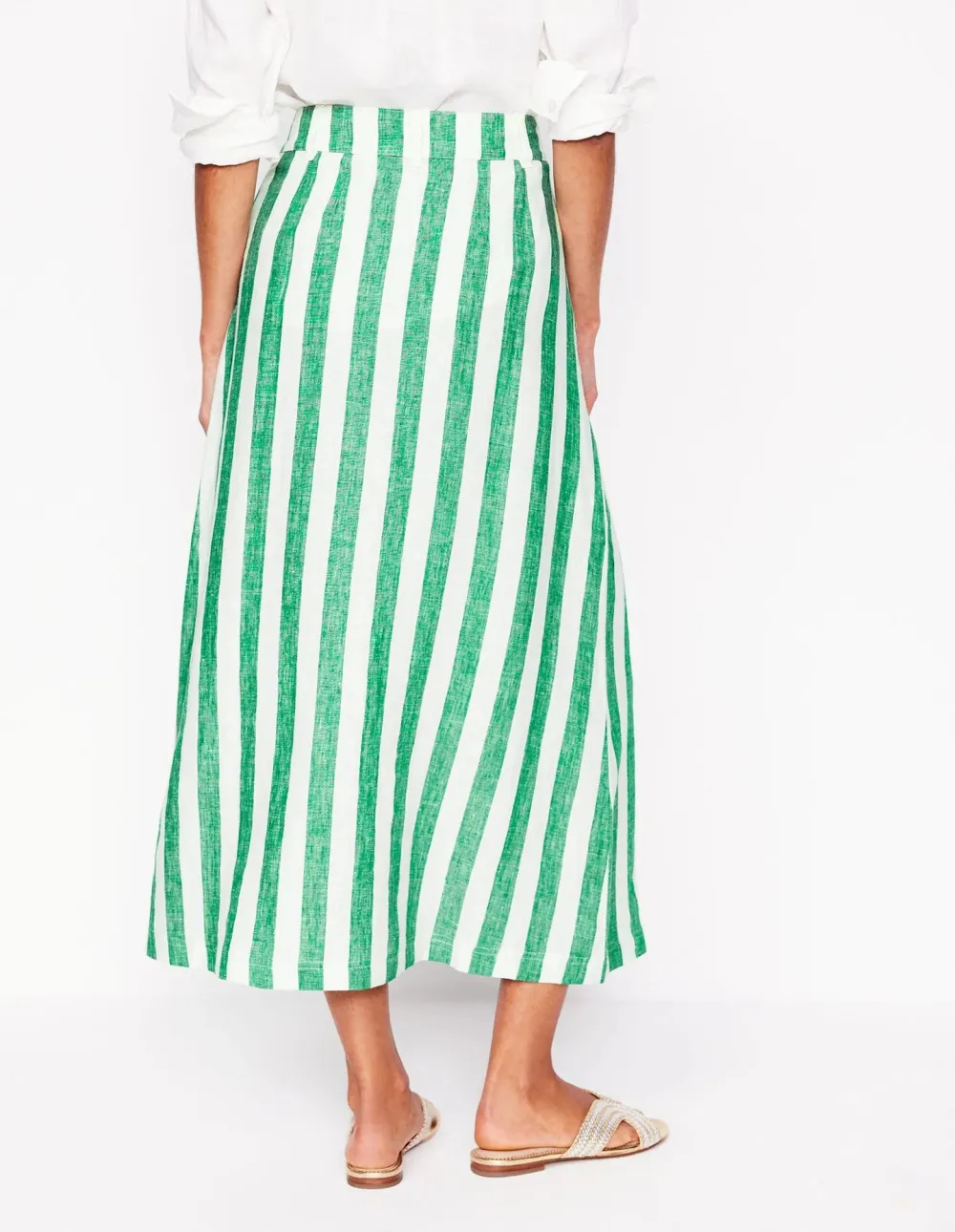 Green and White Striped Thomasina Linen Midi Skirt
