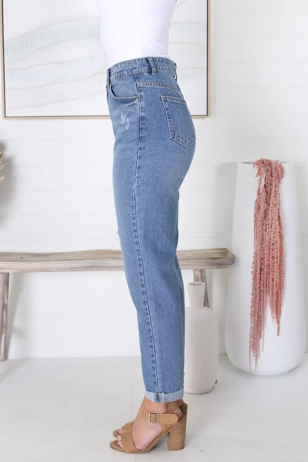 High Waisted Distressed Straight Leg Folded Cuff Jeans