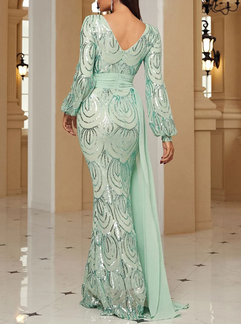 Formal Draping Sequin Long Sleeve Dress