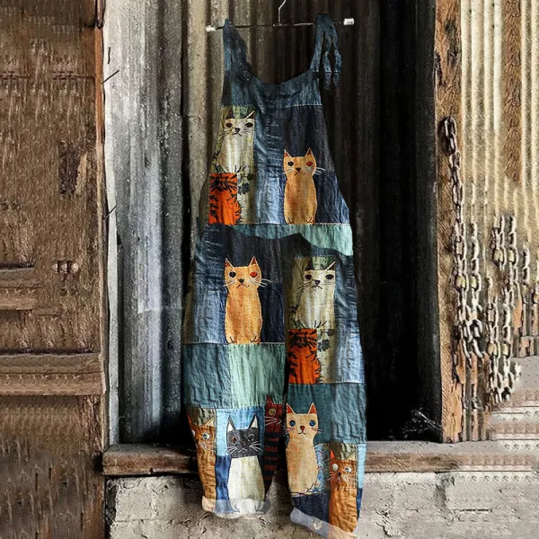 Casual Pop Cat Patchwork Cotton Linen Jumpsuits