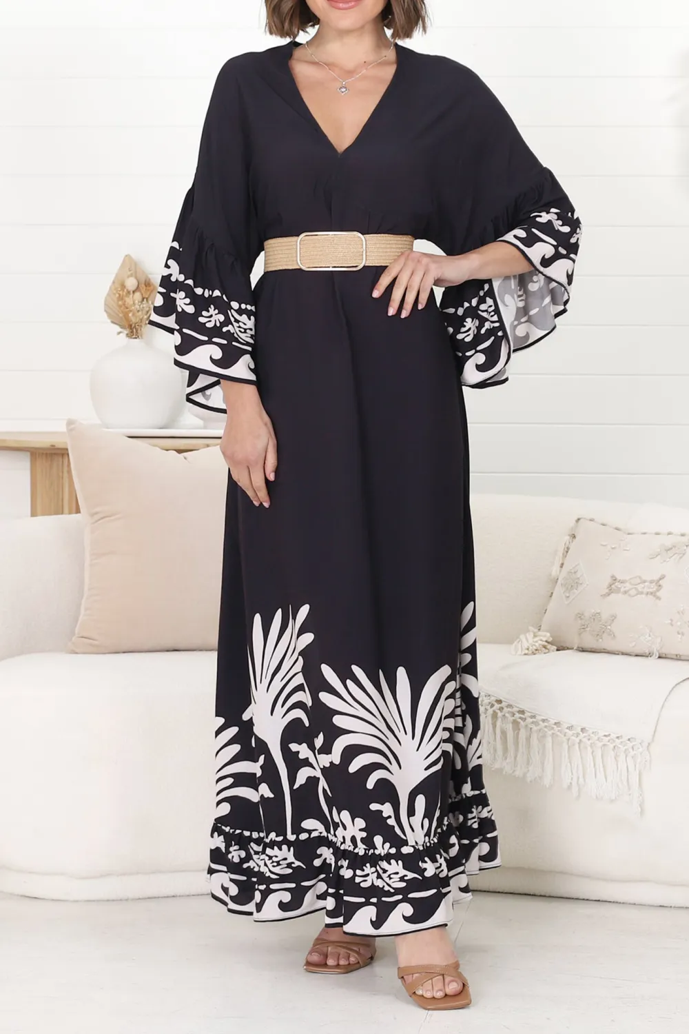 Black Floral Print Bell Sleeve Maxi Dress