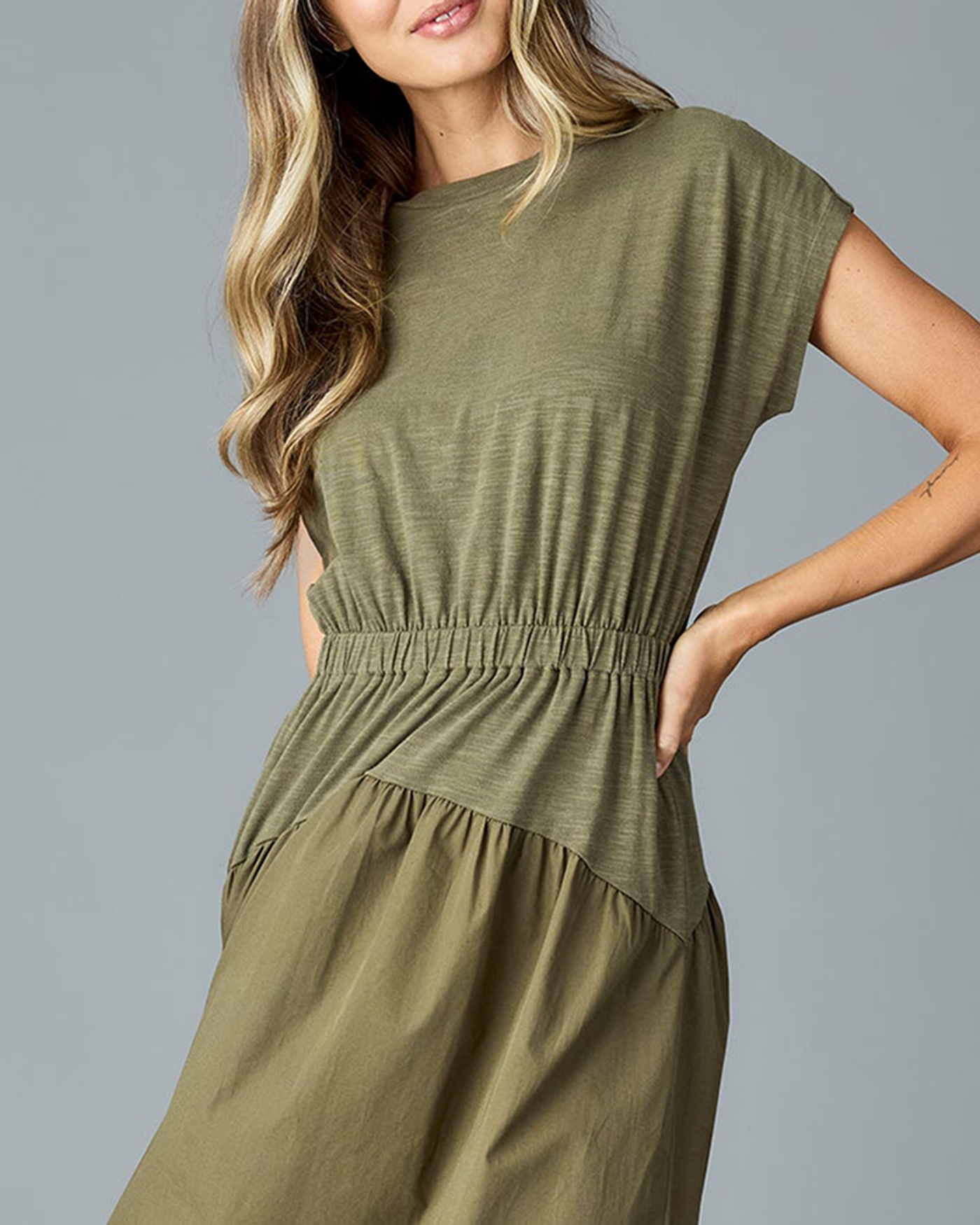 Olive Green Ruched Waist Dress