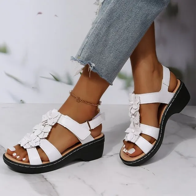 Women's Sandals Wedge Sandals Comfort Shoes Outdoor Daily Beach Summer Flower Wedge Heel Open Toe Classic Casual PU Leather Polyester Buckle Solid Color Floral Solid Colored Black White Yellow