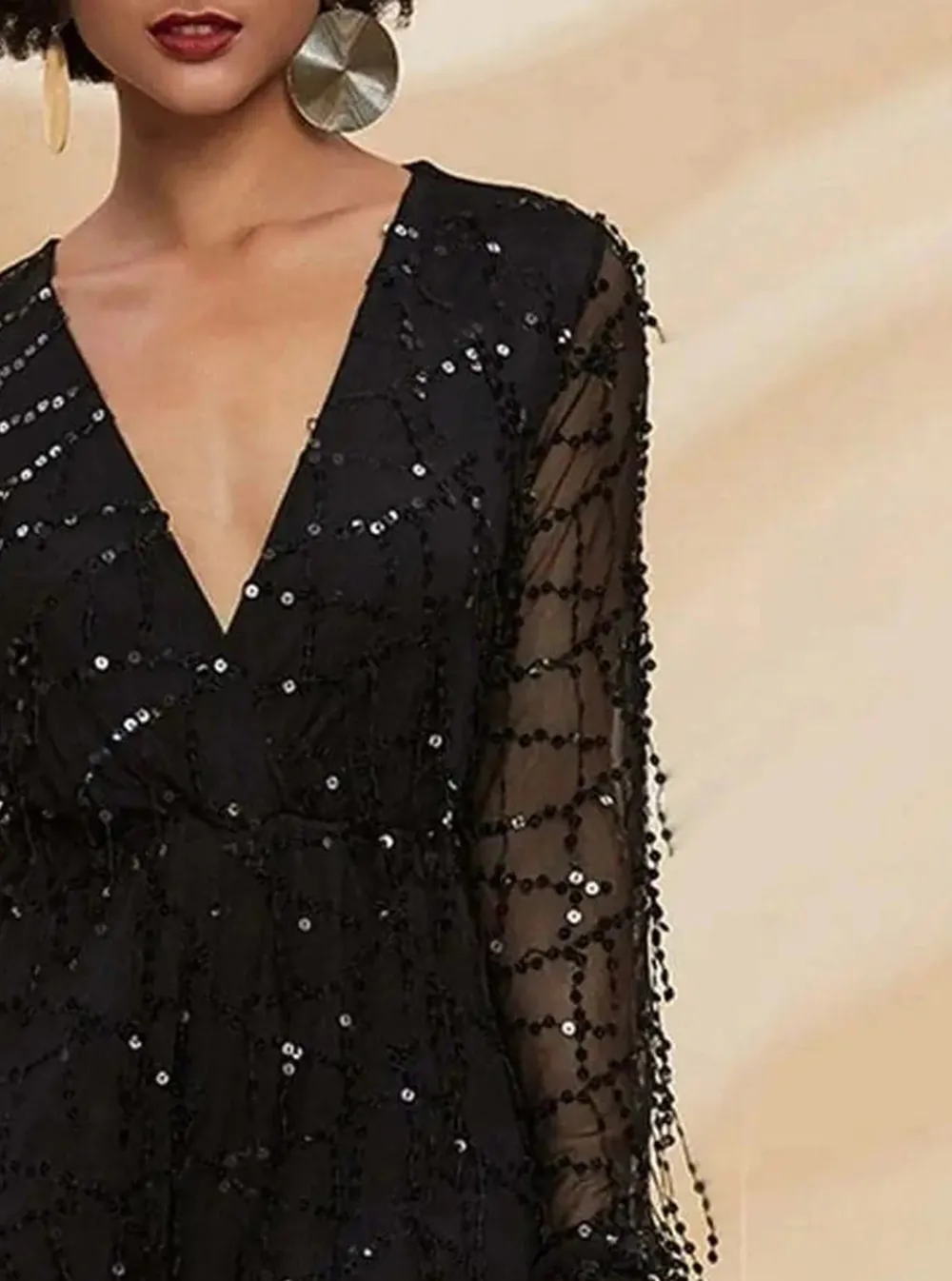 Deep V Neck Sheer Sleeve Sequin Mesh Romper
