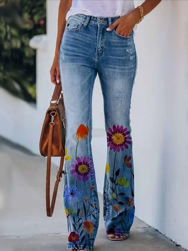 Women's Jeans Bootcut Flare Full Length Faux Denim Side Pockets Wide Leg High Elasticity Mid Waist Fashion Casual Weekend 31803 31806 S M