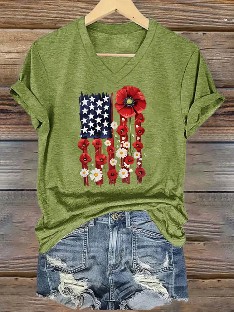 Woman'S Independence Day V-Neck And Short Sleeves T-shirt