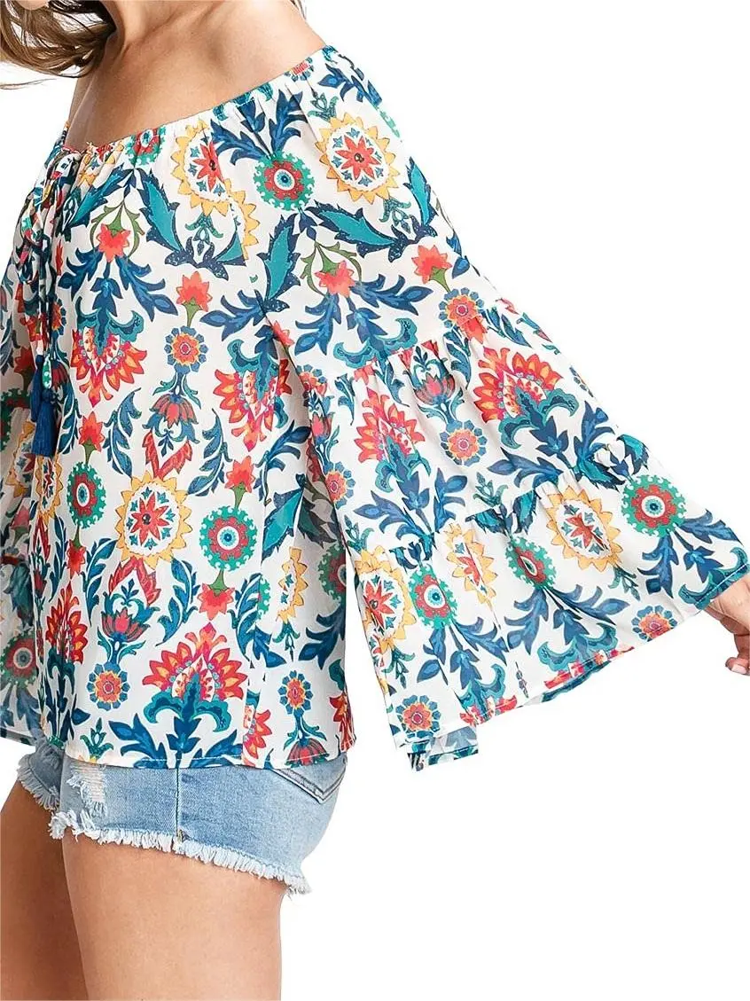 Multicolor Floral Off - Shoulder Bell - Sleeve Blouse
