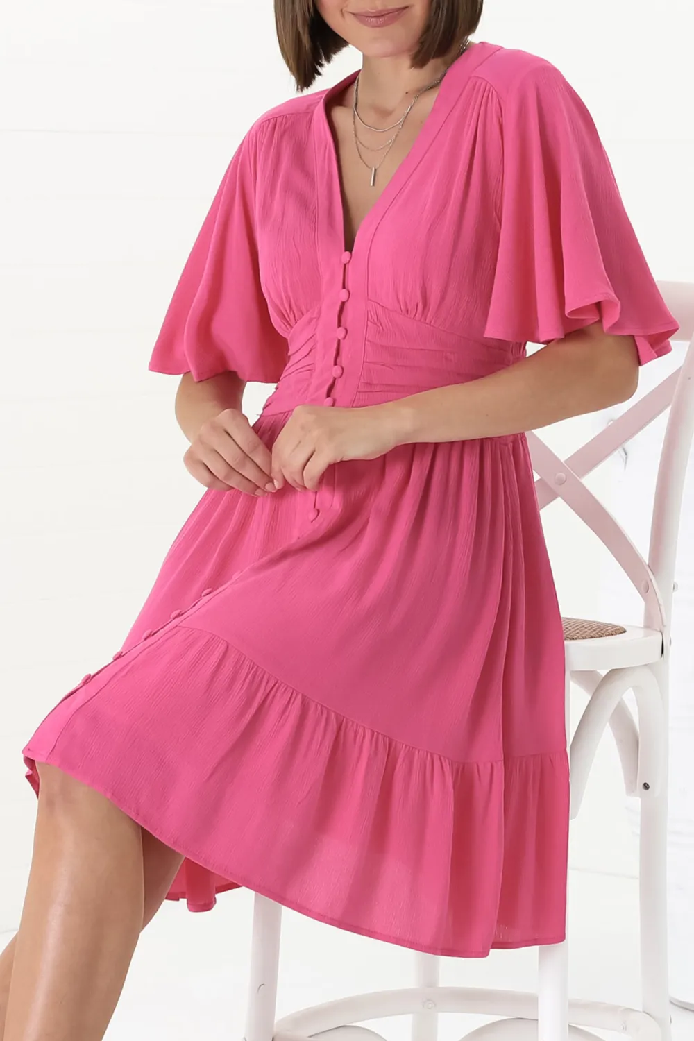 Pink V Neck Button Front Dress