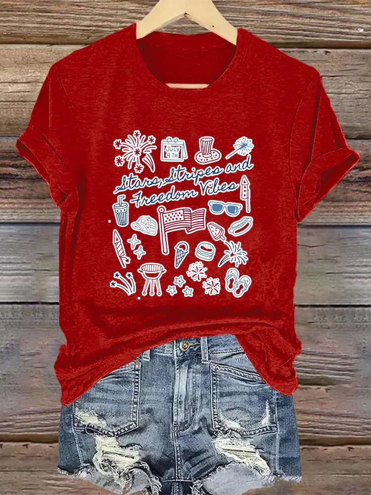 Woman'S Stars Stripes And Freedom Rights Crew Neck Short Sleeve T-Shirt