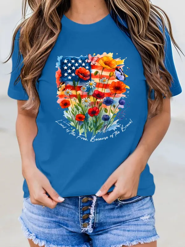 Woman'S Land Of The Free Because Of The Brave Round-Neck Short-Sleeved T-Shirt