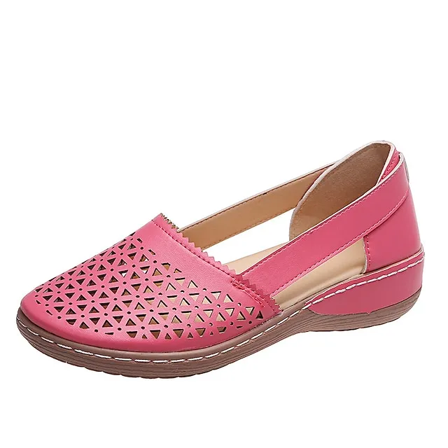 Women's Sandals Wedge Sandals Comfort Shoes Plus Size Outdoor Work Daily Summer Hollow Out Flat Heel Round Toe Classic Casual Minimalism Walking Shoes Faux Leather Loafer Solid Color Solid Colored