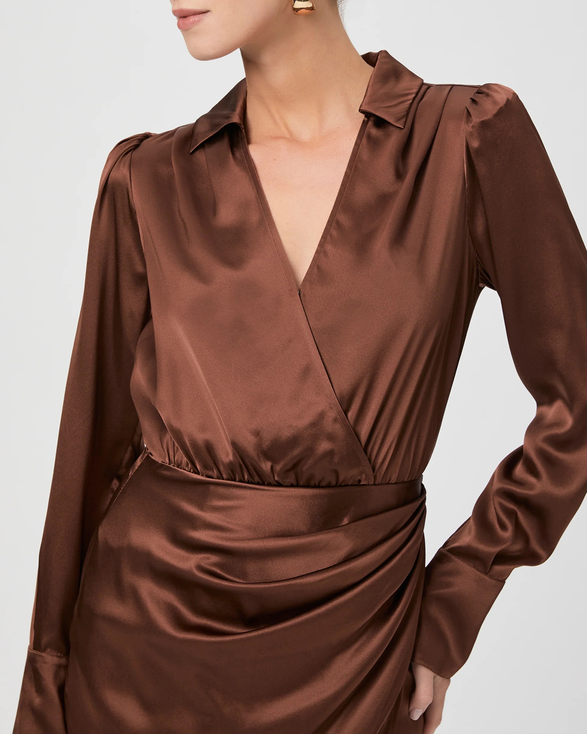 Brown Satin Finish Wrap Mini Dress