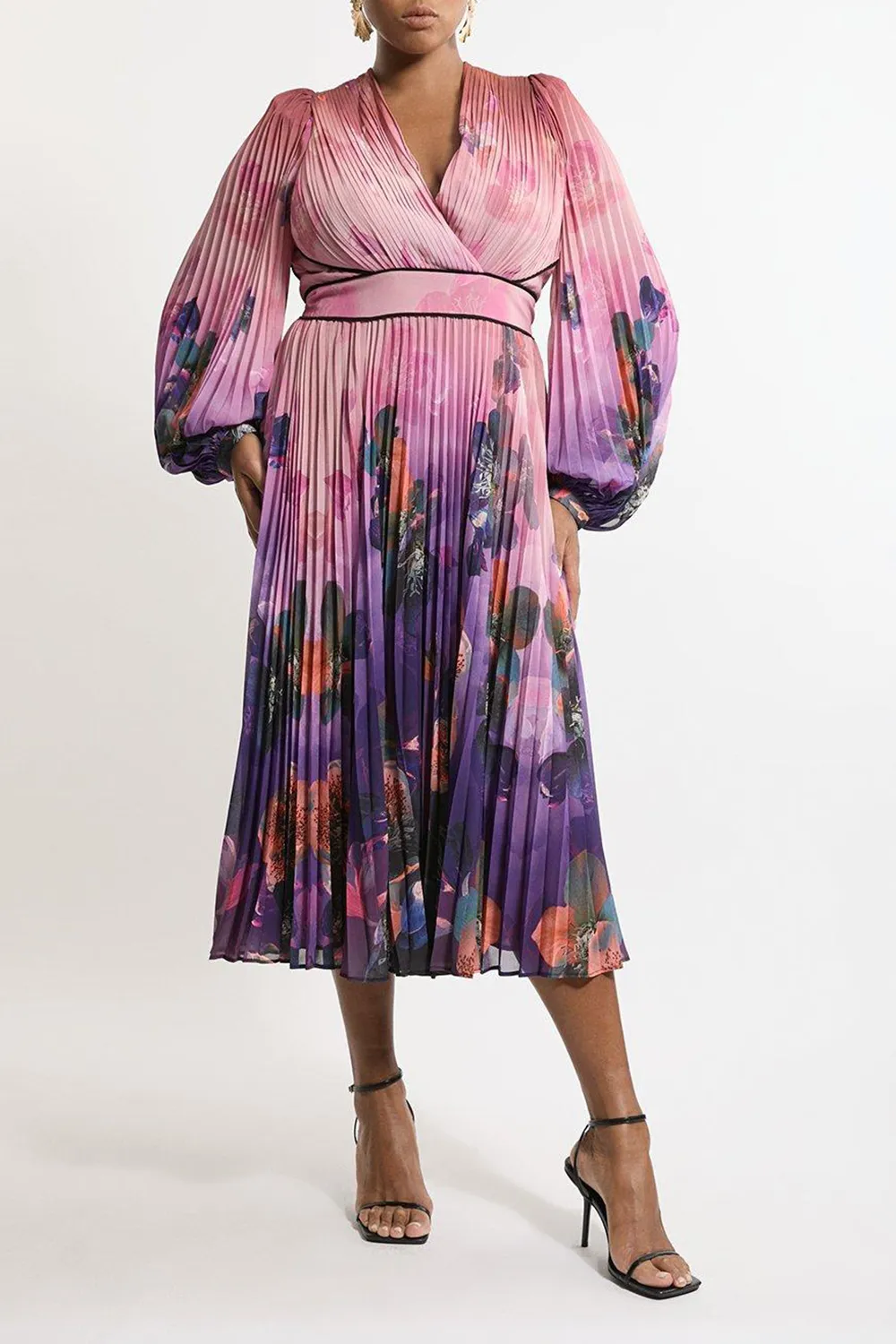 Plus Size Floral Soft Pleated Long Sleeve Maxi Dress