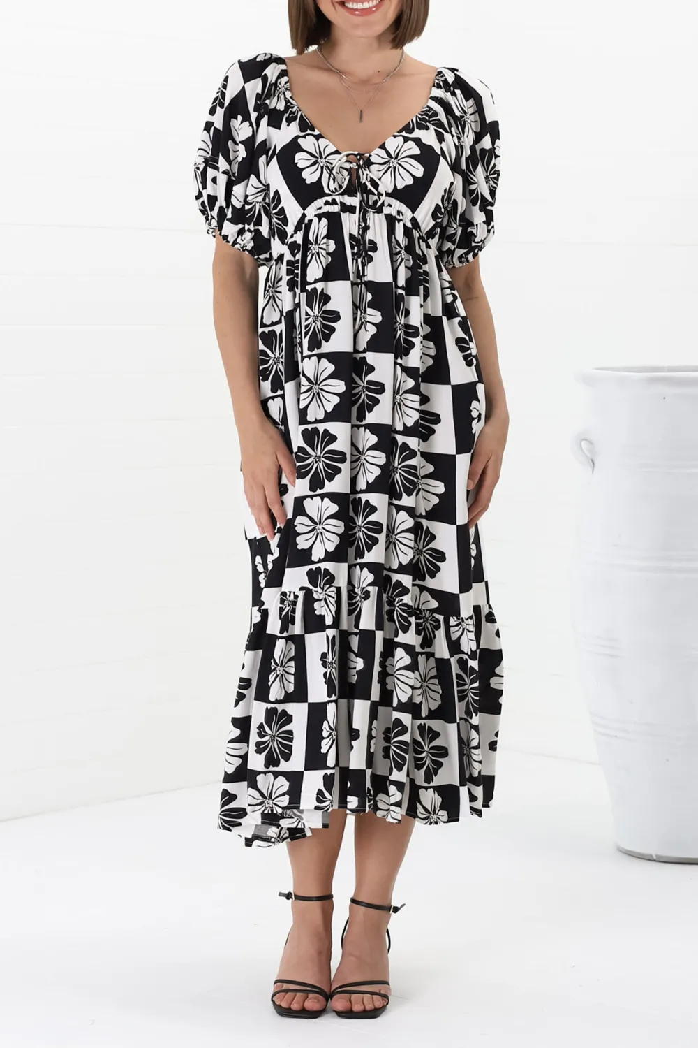 Black Checkered Puff Sleeve Midi Dress