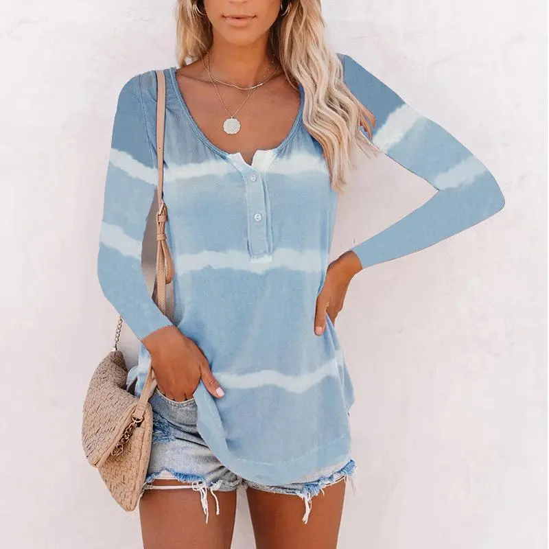 Button Tie Dye Large Size Long Sleeve T-Shirt