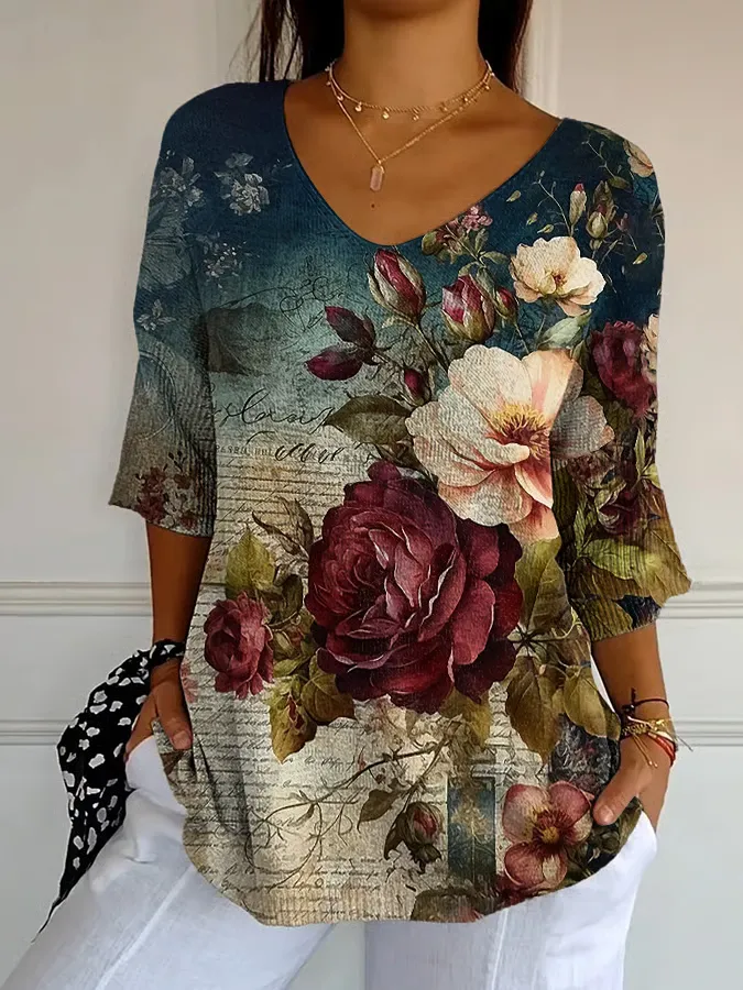 Women'S Retro Flower Print Long-Sleeved V-Neck Shirt