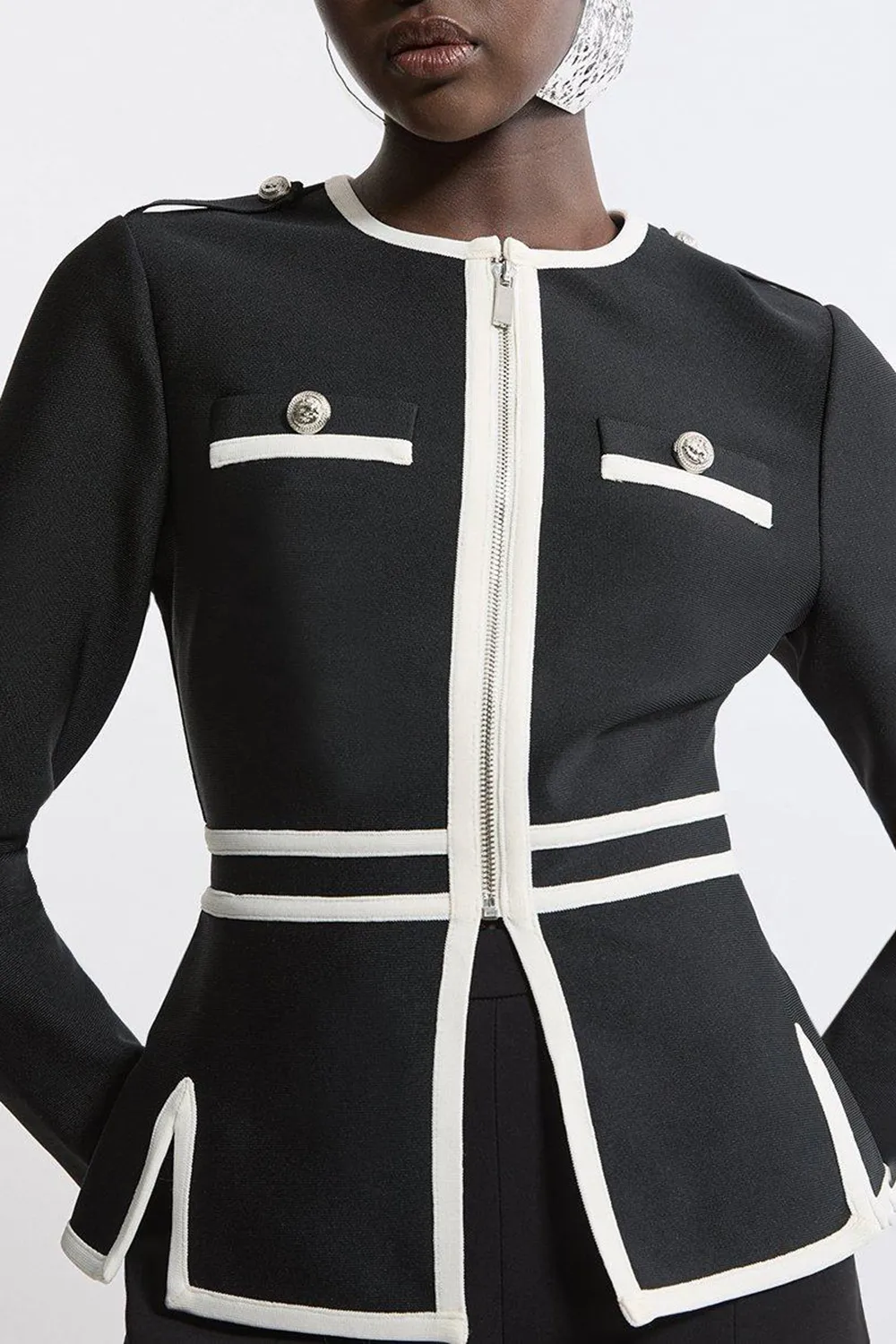 Military Contrast Piping Knit Split Hem Jacket
