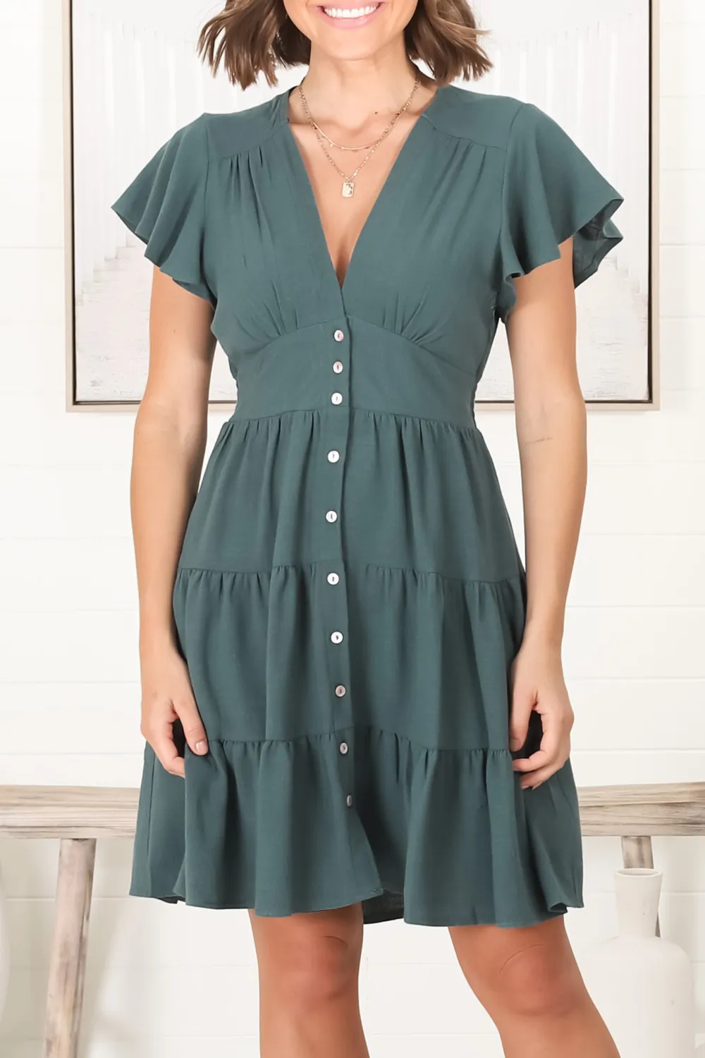 Dark Green Ruffled Tiered Button Down Dress