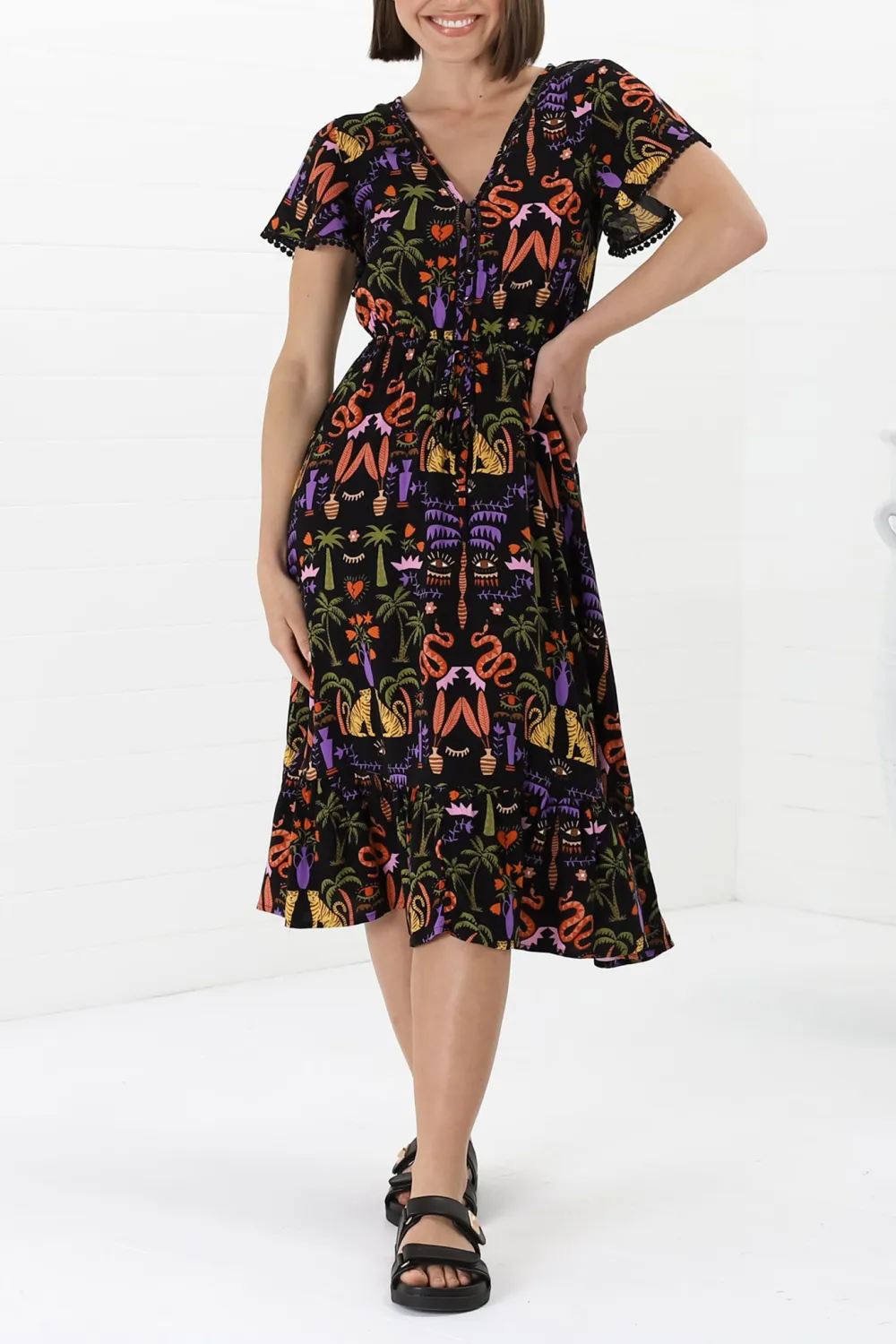 Black Colorful Print Flutter Sleeve Midi Dress