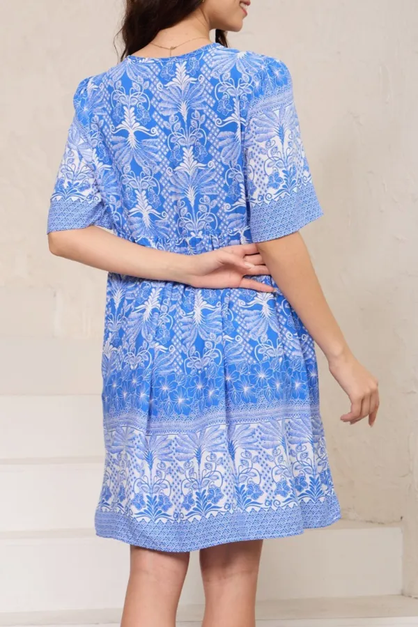 Blue Patterned V Neck Short Sleeve Swing Dress