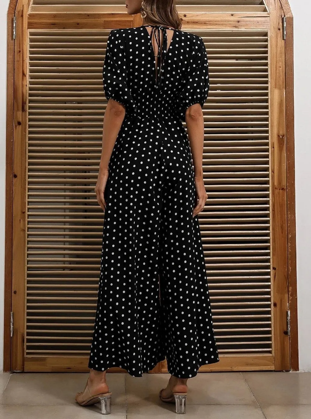 Polka Dot Shirred Waist Jumpsuits