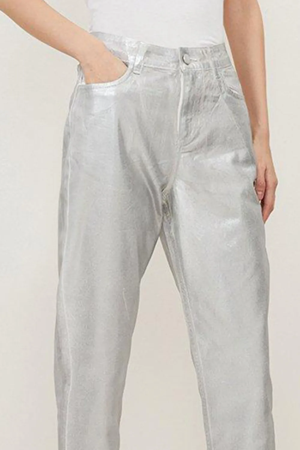 High Rise Slim Leg Silver Foiled Trouser
