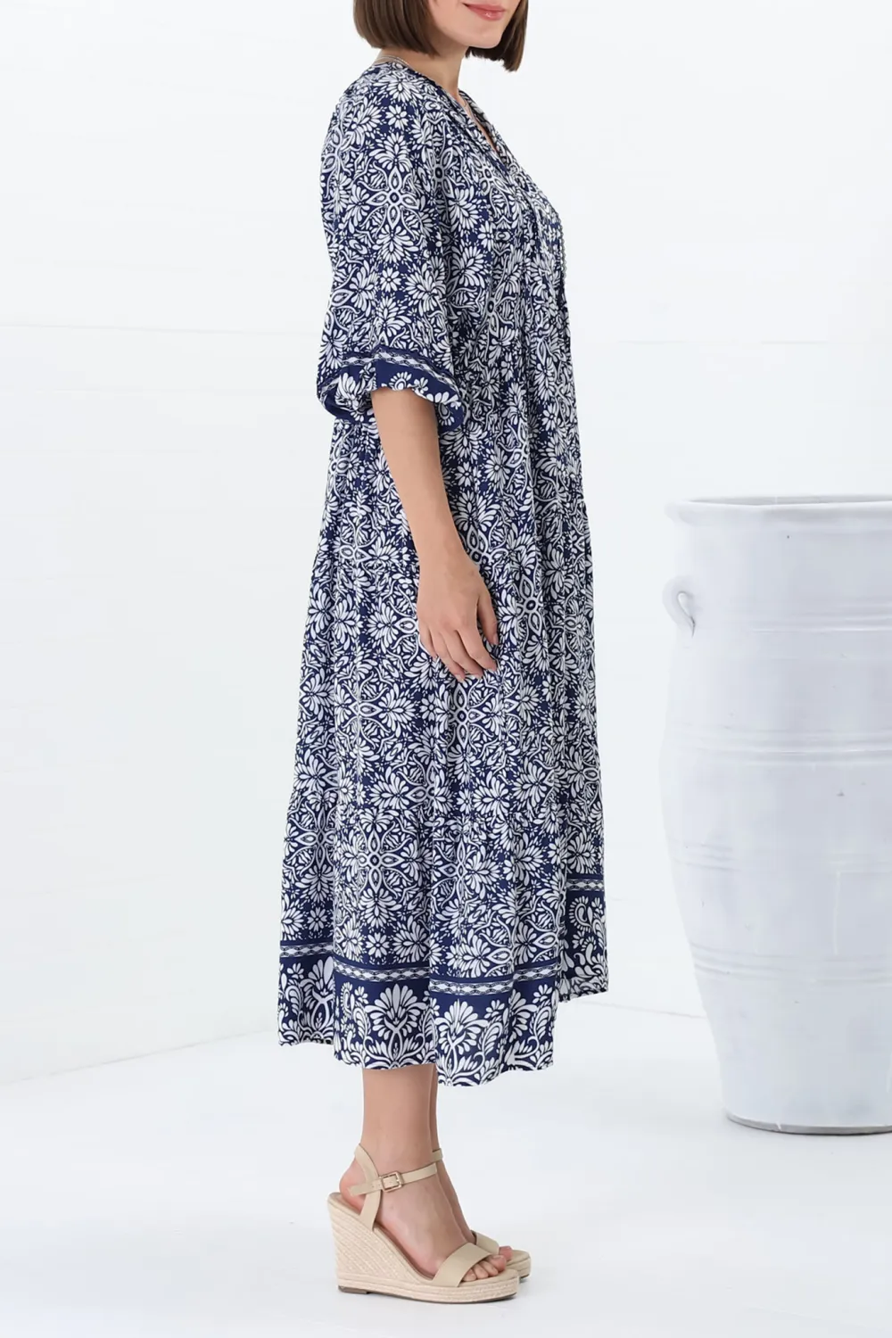 Blue Patterned Half Sleeve Midi Dress