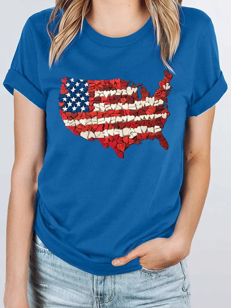 Woman'S Independence Day Love Map Print Short-Sleeved T-Shirt
