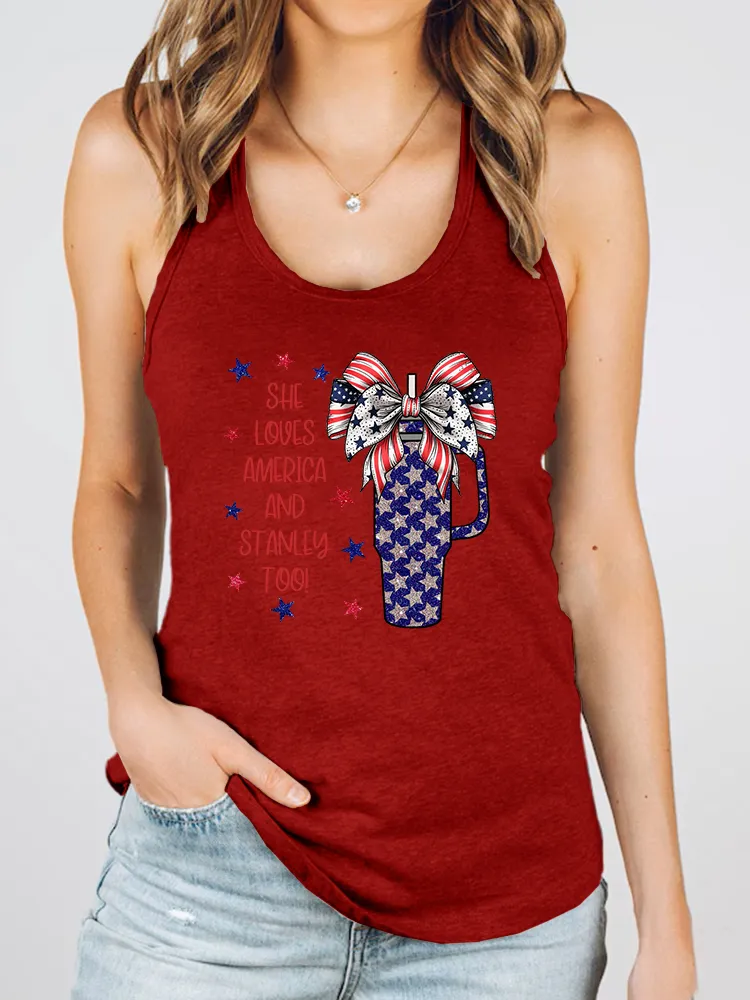 Women'S She Loues America And Stanley Too Print Round-Necked Sleeveless Vest