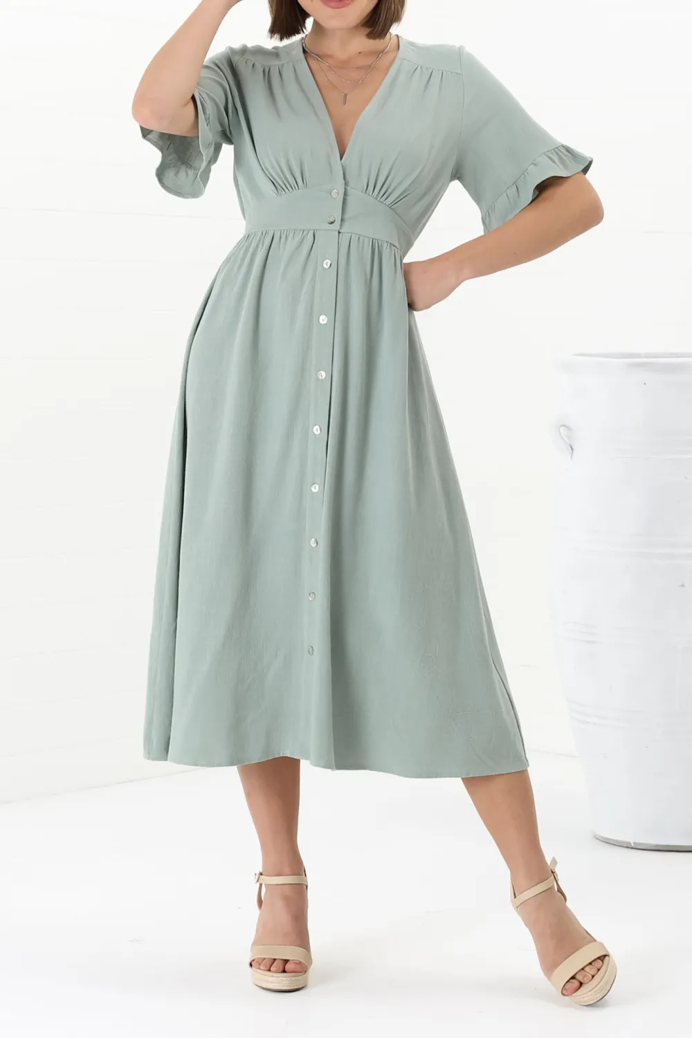 Light Green Button Down Flutter Sleeve Midi Dress
