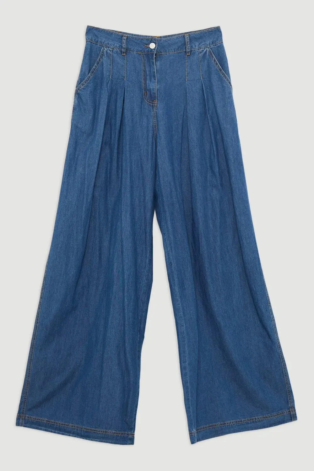 Tailored Chambray Denim Straight Leg Pleated Trousers