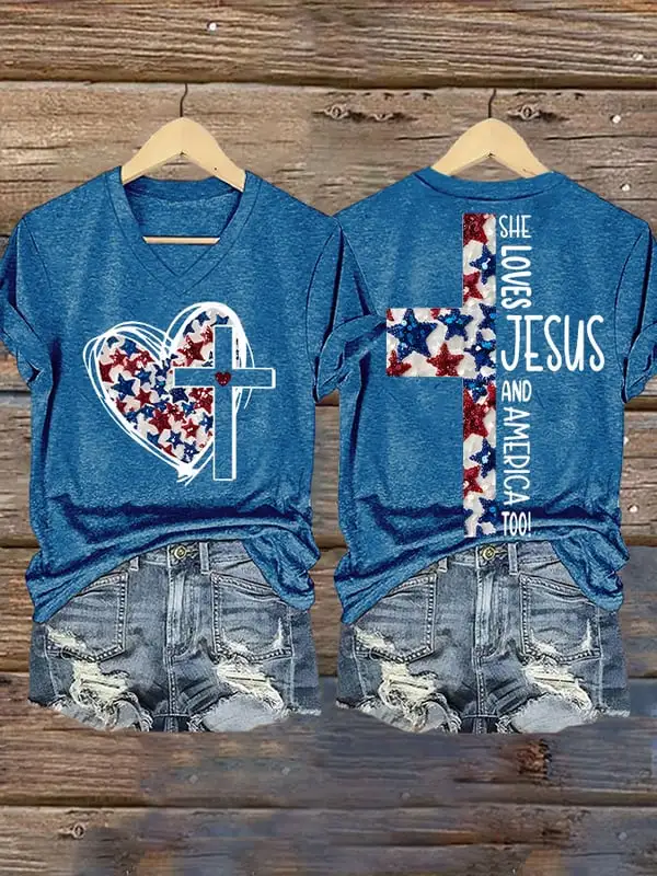 Woman'S She Loves Jesus And America Too! V-Neck Short-Sleeve T-Shirt