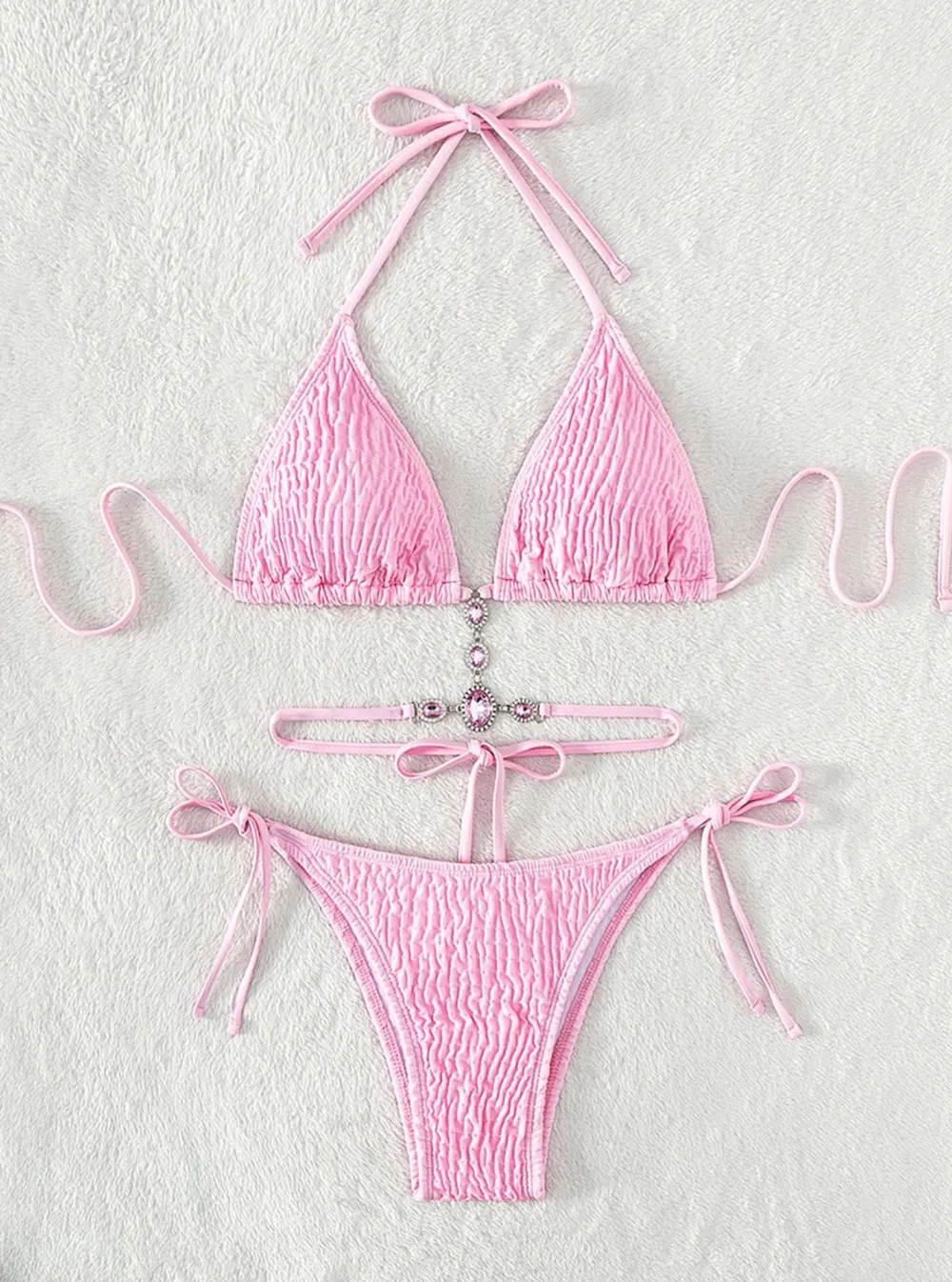 Rhinestone Ruched Pink One-piece Bikini