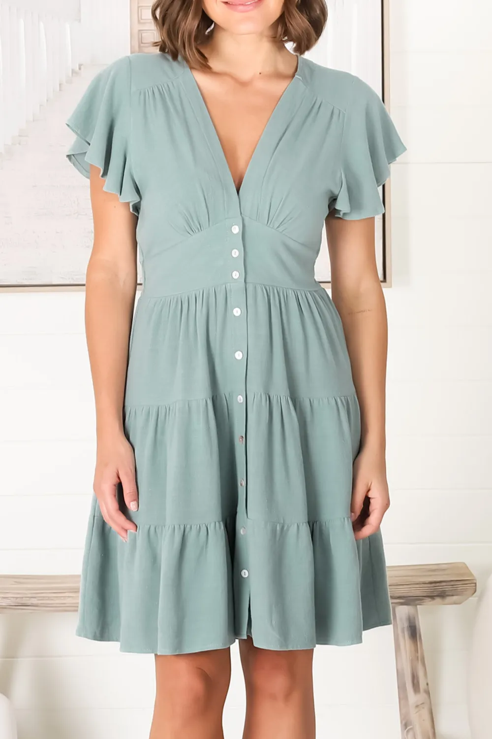 Light Green Ruffled Tiered Button Front Dress