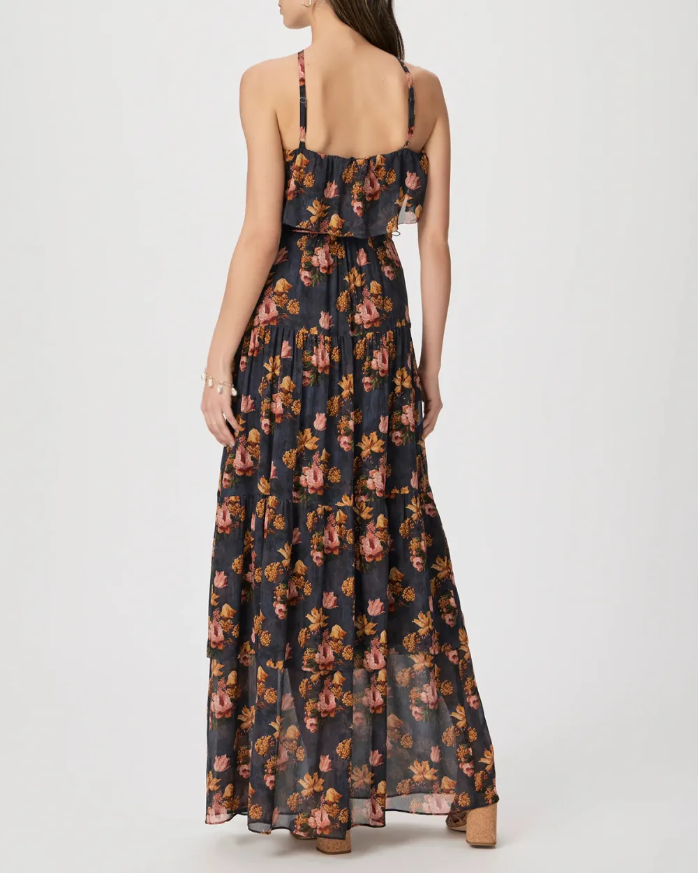 Navy And Orange Floral Print One Shoulder Maxi Dress