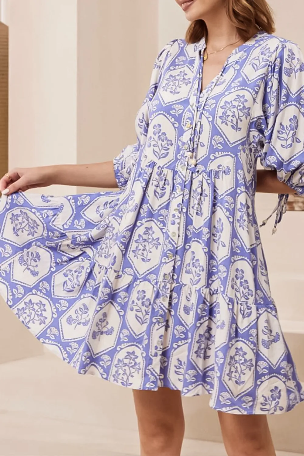 Purple Patterned V Neck Swing Dress