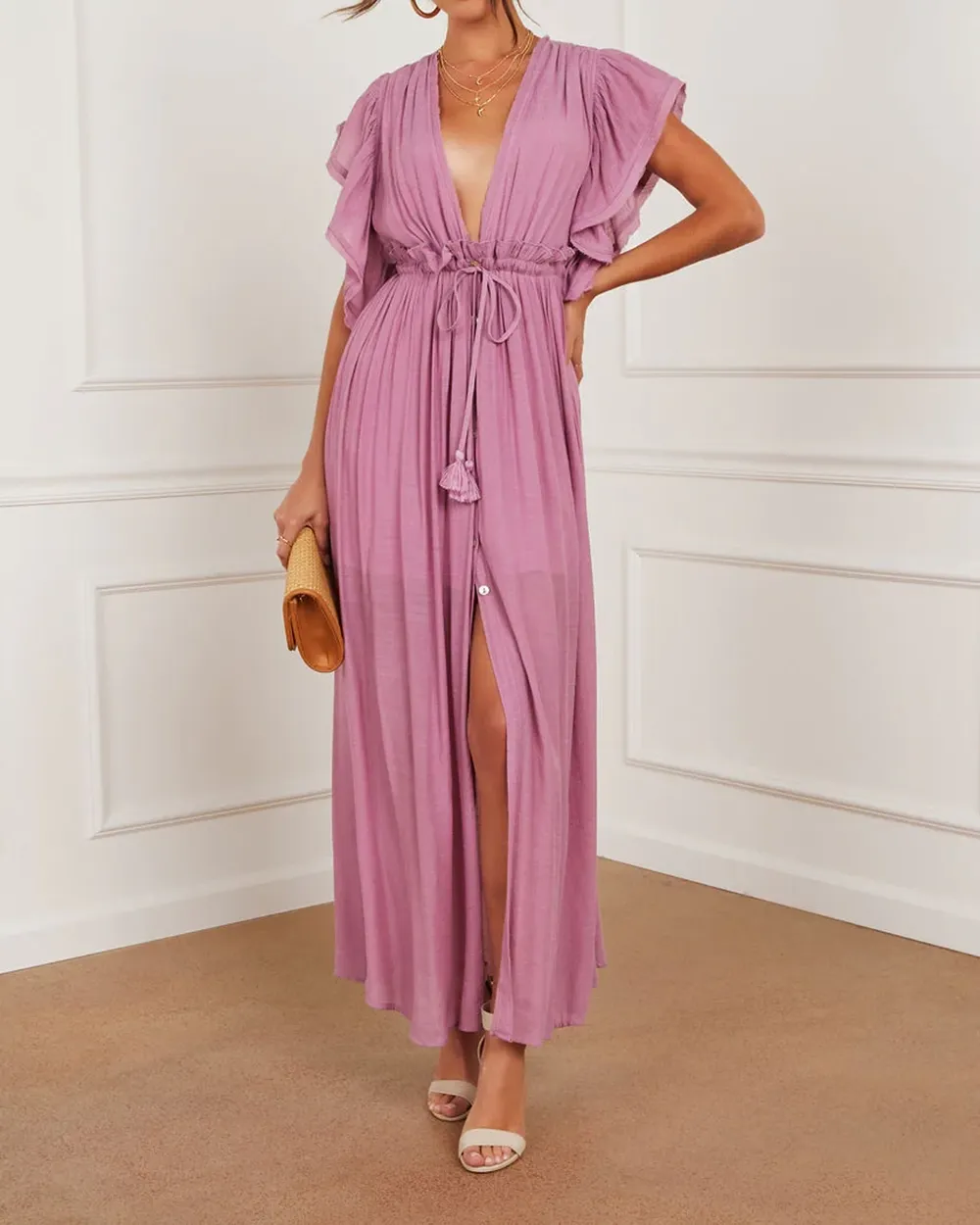 Button Front Cinched Waist Maxi Dress
