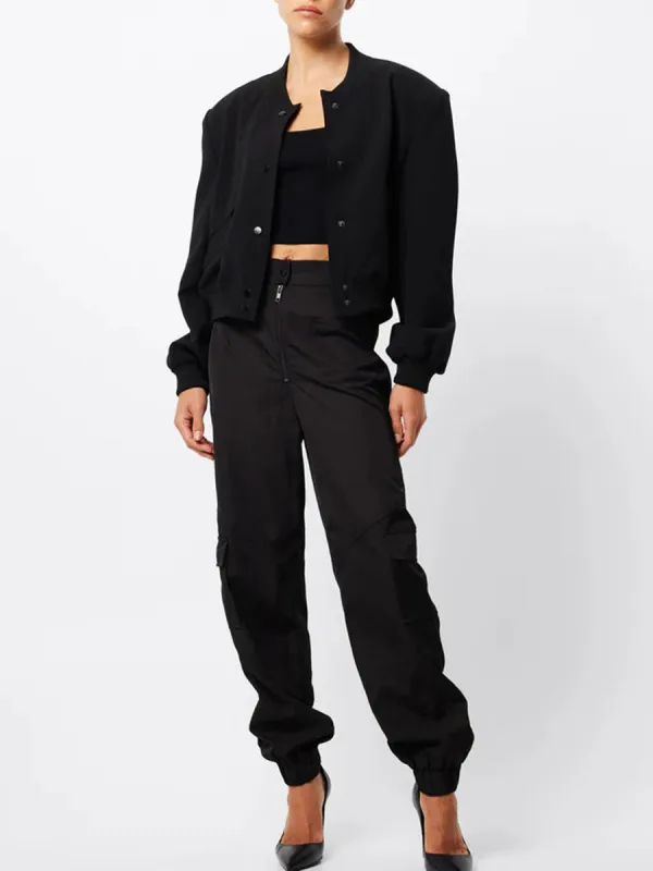Black Cropped Button Front Bomber