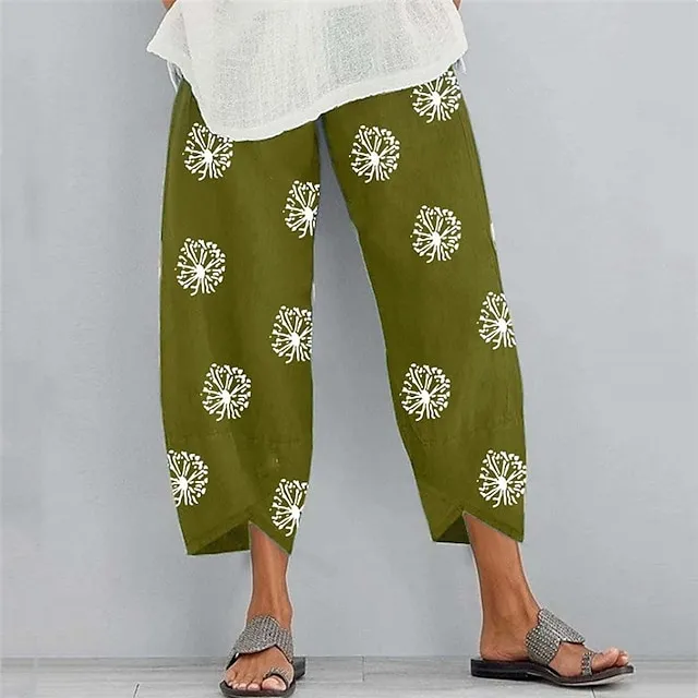 Women's Basic Essential Casual Chinos Slacks Pocket Print Ankle-Length Pants Cotton Linen Pants Daily Weekend Inelastic Graphic Prints Dandelion Mid Waist Loose Gray Green Green Black Blue Gray S M L