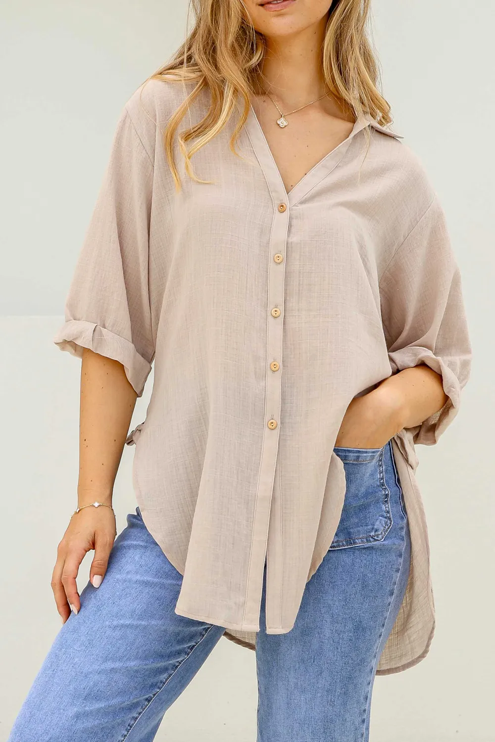 Light Beige Linen Roll Up Sleeve Shirt