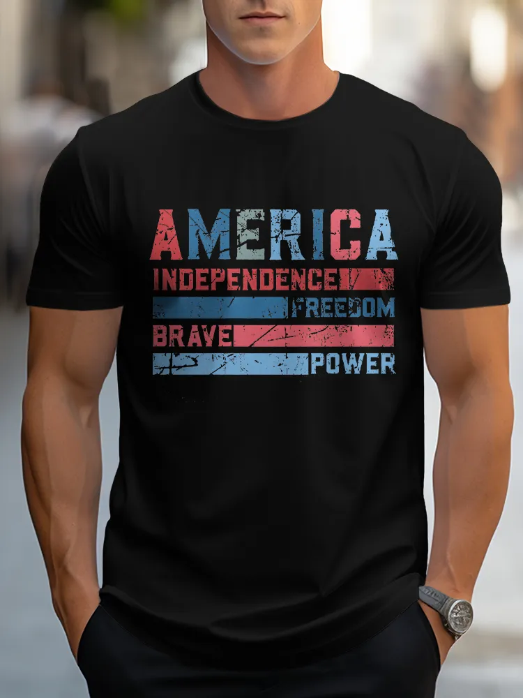 Man'S America Independence Freedom Brave Power Round-Neck Short-Sleeved T-Shirt