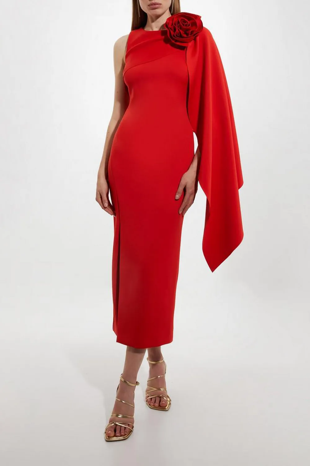 Scuba Crepe Dramatic Rosette Woven Cape Midi Dress