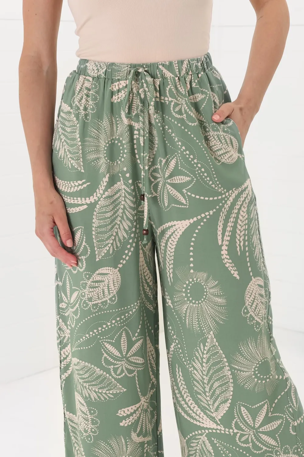 Green Leaf Print High Waist Wide Leg Pants