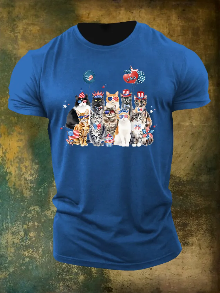 Men'S Independence Day Cat Flag Round-Neck T-Shirt
