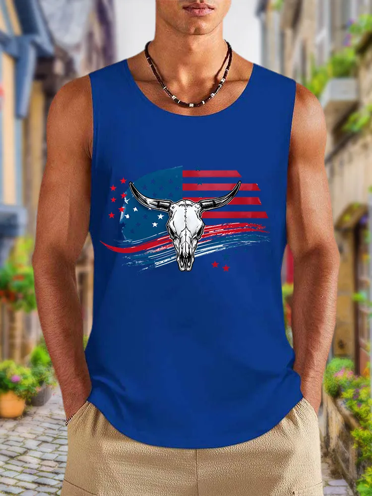 Men'S National Flag And Bull Head Print Round-Necked Sleeveless Vest
