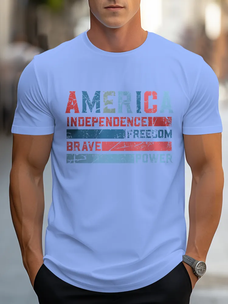 Man'S America Independence Freedom Brave Power Round-Neck Short-Sleeved T-Shirt