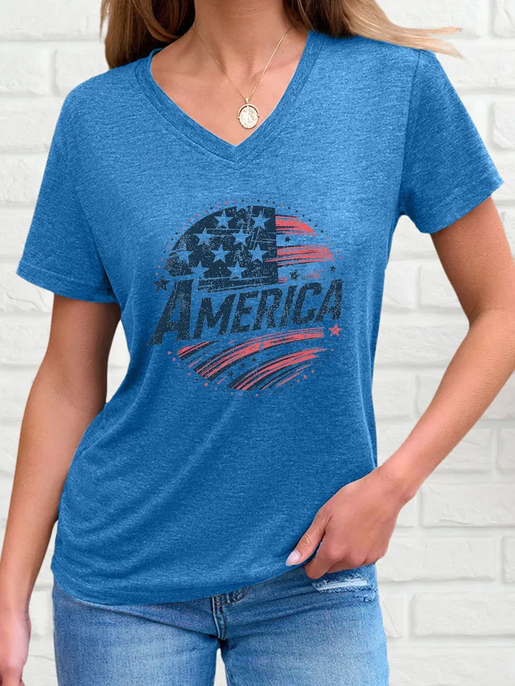 Woman'S America V-Neck And Short Sleeves T-Shirt