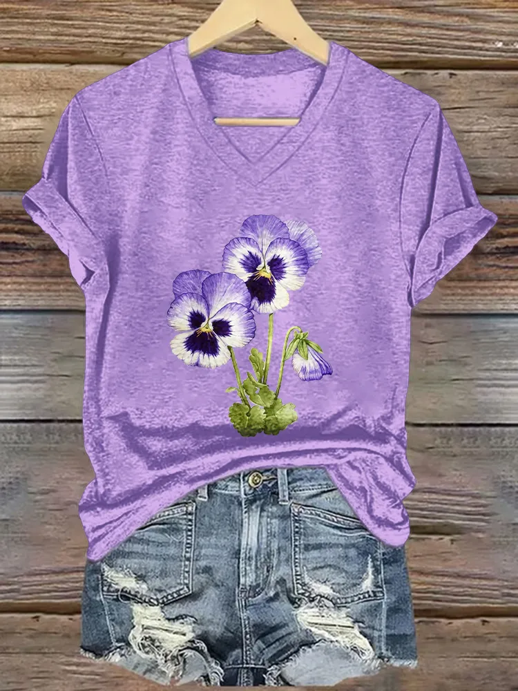 Women'S Floral Printed Alzheimer'S Awareness Short-Sleeved T-Shirt